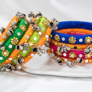 Gota Bangle Set, Handmade Silk Thread Bangles, Gold Rhinestone Flowers, Oxidized Silver Bells, Rainbow Indian Bangles, Sizes 2.4 2.6 2.8