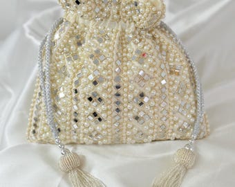 Handcrafted Embroidered Mirror Potli Bag: Beaded Pearl Strap Evening Bag