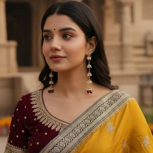 May include: A woman in a traditional Indian sari. The sari is yellow and gold, with detailed embroidery. The blouse is a deep burgundy with gold embroidery around the neckline and sleeves. Long earrings with pearls and red beads complete the look.