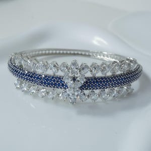 Silver Indian Bangle Bracelet, Sapphire Blue CZ Kada, American Diamond Hinged Bangle, Butterfly Floral Design, Bridal Wedding Jewelry Gift