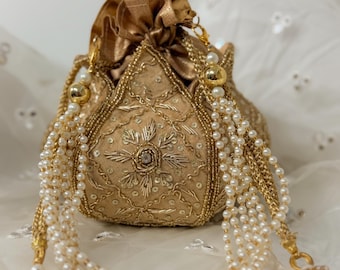 Luxury Gold Silk Potli Bag with Pearl Handle | Indian Wedding Clutch | Embroidered Drawstring Pouch | Sangeet Mehendi Gift for Bridesmaids