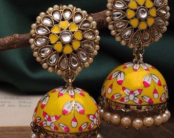 Meenakari Jhumka , Boucles d’oreilles peintes à la main, bijoux de l’Aïd , Bijoux Ramadan