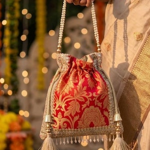 Red Gold Brocade Potli Bag-Embroidered Indian Wedding Wristlet with Tassels-Luxury Bridal Clutch for Diwali Mehendi-Ethnic Drawstring Purse