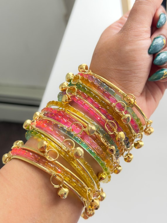 Kashmiri Bangle Set With Golden Ghungroo Charms,multi Color Glass