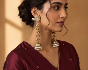 Bird Motif Indian Jhumka Earrings | Gold Plated Kundan Style Dangle with Pearls & Green Stone | Ethnic Kashmiri earrings bridal jewelry