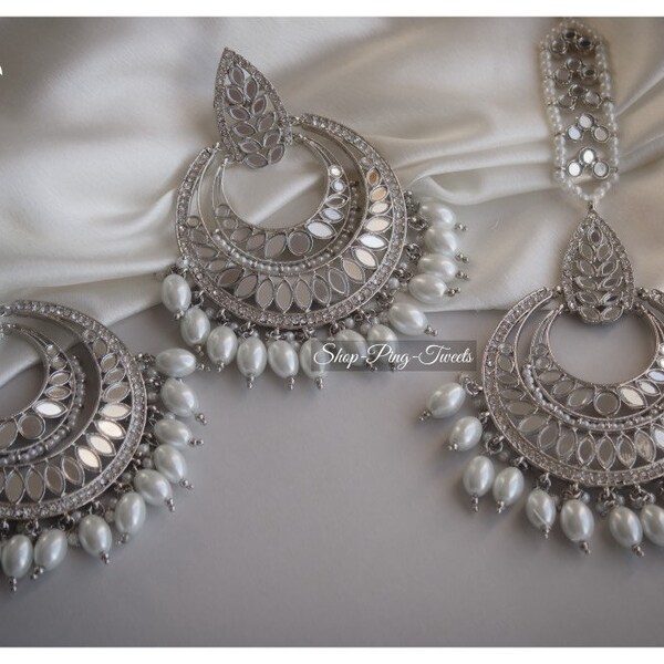 Mirror maangtikka set, Sheesha earrings and Tikka set, Indian Bollywood Inspired  Set, Pakistani Jewellery Set, Maangtikka set with earrings