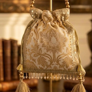 White Gold Brocade Potli Bag-Embroidered Indian Wedding Wristlet with Tassels-Luxury Bridal Clutch Diwali Mehendi,Ethnic Drawstring Purse