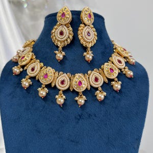 Kundan Choker Necklace Set Pearl Drops,Ruby Stone Indian Bridal Jewelry,Bollywood Statement Necklace,Traditional Gold Plated Jewelry set