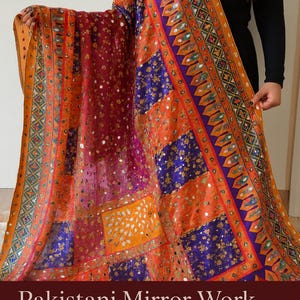 Dupatta pakistana con ricamo a specchio / Scialle in chiffon multicolore / Dupatta da sposa / Sciarpa festiva con ricamo a specchio / Abito desi / Indiano pakistano