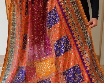 Pakistani Mirror Work Dupatta |Multicolor Chiffon Shawl |Wedding Dupatta |Festive Mirror Embroidery Scarf |Desi Outfit | Indian Pakistani