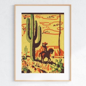 Cactus en cowboy, omslagkunst luciferboek, luciferboekkunst jaren 1930, afdrukbare digitale, Home Gallery-muur