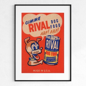 ライバル ドッグフード、パピー パッパーズ、缶詰ドッグフード、ビンテージ マッチブック カバー、1930 年代のマッチブック アート、印刷可能なデジタル、ホーム ギャラリー ウォール