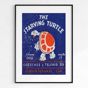 Starving Turtle Restaurant Bar Savannah Georgia, Sztuka na okładce z zapałek, Sztuka na okładce z zapałek z lat 30. XX wieku, Cyfrowa do druku, Galeria ścienna do kuchni domowej