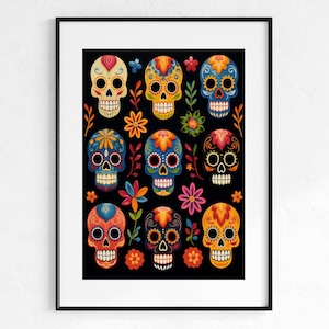 Sugar Skulls, Halloween, Day of the Dead, Dia De Los Muertos, Embroidery Style Art, Digital Download Printable Wall Art Gallery