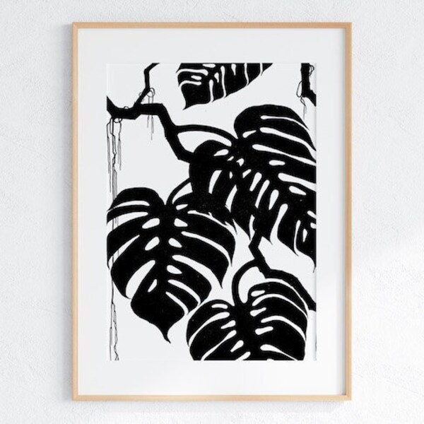 Monstera Leaves, Tropical Plant, Black & White Don Blanding Floridays 1940s Coastal Beach Decor Digital Download, Printable Wall Art