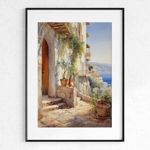 Mediterranean Watercolor Print, Amalfi Coast, Capri Italy, Italian Riviera, Wall Art, Summer Beach Coastal Decor, Printable Digital Download