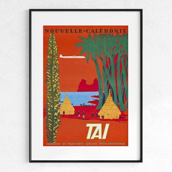 affiche de voyage vintage, Nouvelle-Calédonie, îles du Pacifique Sud, annonce d'avion de la compagnie aérienne TAI, art mural imprimable, téléchargement numérique