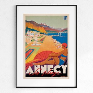 Póster de viaje, Francia, Annecy La Plage, vacaciones en la playa, Riviera Francesa, Art Decó de los años 20, descarga digital de arte mural imprimible