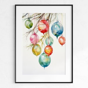 Christmas Ornament Print, Holiday Ornaments, Watercolor Painting, Xmas Holiday Decor, Digital Download, Printable Gallery Wall Art