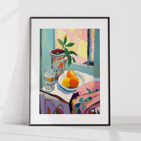 Breakfast Still Life with Oranges, Modern Art, French Farmhouse Decor, Kitchen Wall Art, Digital Download, Printable Gallery Wall Art