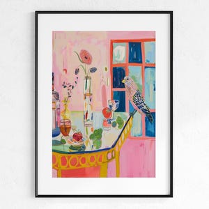 Vögel an der Bar, Dopamin-Dekor, wunderlicher Vogel, Wohnung in Paris, Bar Warenkorb Kunst, Malerei, druckbare Wandkunst