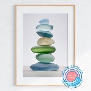 Seaglass Stack, Sea Glass, Wall Art, Coastal Decor, Beach House, Printable Digital Download, Muted Soft Tones Blue Green, Beachcomber