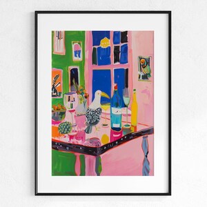 Vögel an der Bar, Dopamin-Dekor, wunderlicher Vogel, Wohnung in Paris, Bar Warenkorb Kunst, Malerei, druckbare Wandkunst