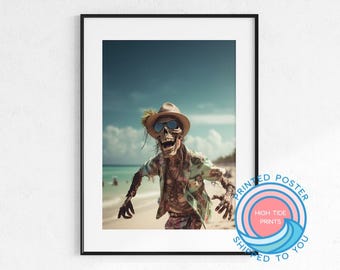 Zombie Beach Print Coastal Ghostal Halloween Wall Art Funny Skeleton Poster Tropical Decor Decorations