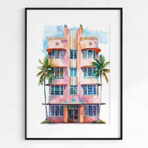 Miami Beach Hotel Watercolor Painting, Art Deco Style, Coastal Beach House Painting Decor, Digital Download, Printable Gallery Wall Art