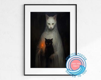 May include: Framed art print featuring a white cat in a ghostly shroud, holding a black cat with glowing orange eyes. The black cat holds a lit candle. The print is in a black frame.