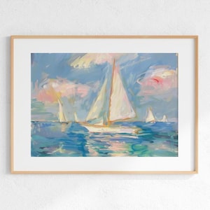 Sailboats Impressionist Painting: Coastal Beach House Decor (Digital Download)