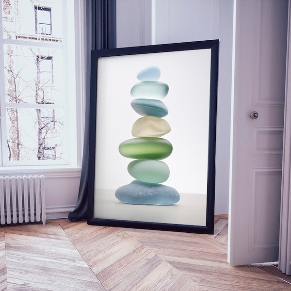 Seaglass Stack, Sea Glass, Wall Art, Coastal Decor, Beach House, Printable Digital Download, Muted Soft Tones Blue Green, Beachcomber