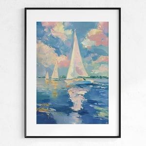 Sailboats Impressionist Painting: Coastal Beach House Art (Digital Download)