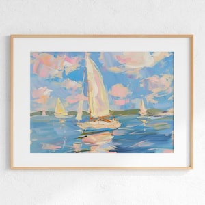 Pink Sailboat Impressionist Painting: Coastal Beach House Decor (Digital Download)