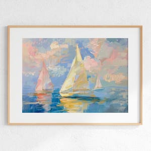 Sailboats Impressionist Painting: Coastal Beach House Art (Digital Download)