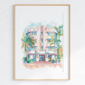 Miami Beach Hotel Watercolor Painting, Art Deco Style, Coastal Beach House Painting Decor, Digital Download, Printable Gallery Wall Art