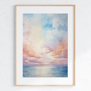 Aquarell Wolken Küsten Kunstdruck Pastellfarbene Himmel Seelandschaft (Digitaler Download)
