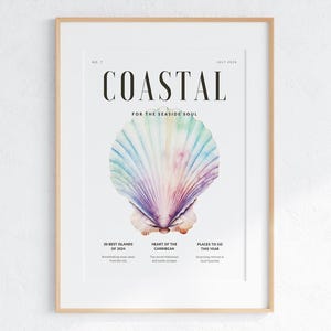 Wydruk okładki magazynu Coastal, dom na plaży, wystrój tropikalny, akwarela muszli, ściana galerii, sztuka pastelowa do wydrukowania w wersji cyfrowej