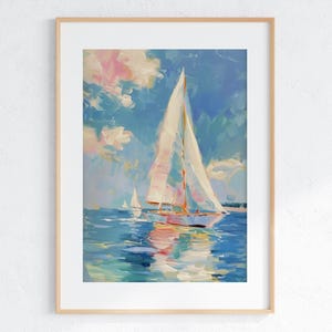 Sailboats Impressionist Painting: Coastal Beach House Decor (Digital Download)