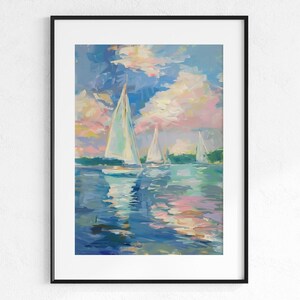 Sailboats Impressionist Painting: Coastal Beach House Decor (Digital Download)