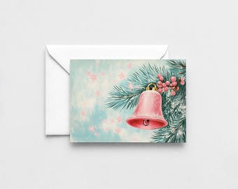 Retro Christmas Bell Cards | Pink Holiday Cards Pack of 10 | Vintage Christmas Card | Blank Cards with Envelopes | Classic Xmas Card