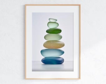 Sea Glass Stack Wall Art | Coastal Beach House Decor | Sea Glass Print Beachcomber Gift Blue Green Seaglass Cairn