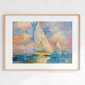 Pink Sailboats Impressionist Painting: Coastal Beach House Decor (Digital Download)