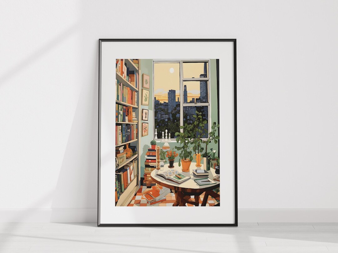 New York Apartment, Library, Window View, Interior Painting, Digital ...
