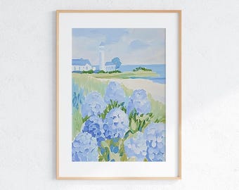 Hydrangea Lighthouse Print | Coastal Floral Wall Art | Cape Cod Art | Nantucket Decor | Beach Cottage Art | Blue Hydrangea Print