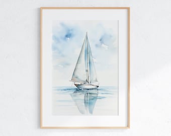 Watercolor Sailboat Print | Nautical Wall Art Pastel Coastal Decor | Sailboat Gift Sailing Lover