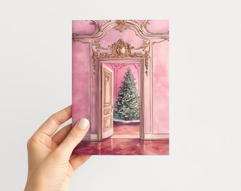 Pink Christmas Tree Cards | Chic Holiday Cards Pack of 10 | Pink Christmas Decor | Blank Cards with Envelopes | Elegant Christmas Card