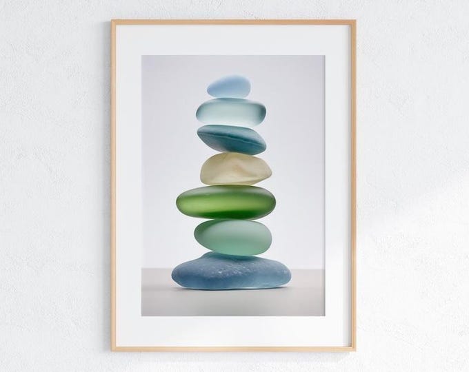 Seaglass Stack Wall Art, Coastal Decor, Beach House, Printed Poster. Blue Green Seaglass, Beachcombing Beachcomber Cairn
