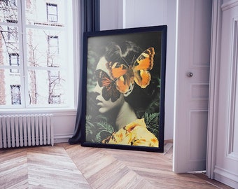 Butterfly Girl Collage Art Print, Bohemian Style, Digital Download, Printable Wall Art