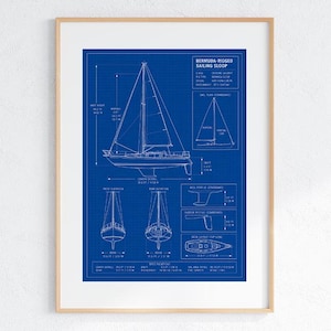 May include: A framed blueprint art print featuring a Bermuda-rigged sailing sloop. The design includes white technical line drawings of the boat, including side, front, and rear elevations, with detailed specifications and measurements in feet and meters.